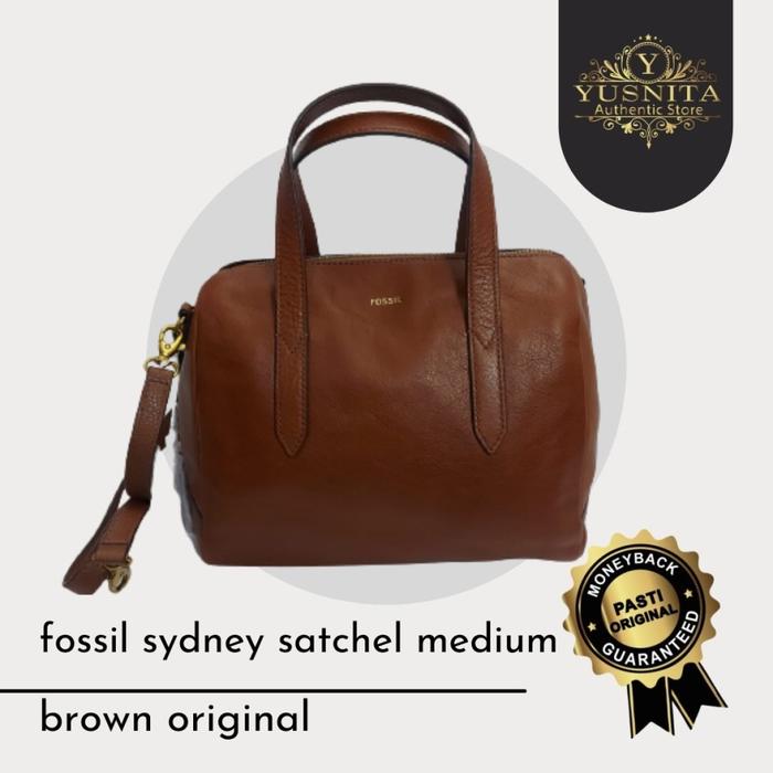 tas wanita fossil sydney satchel medium brown leather original nwt