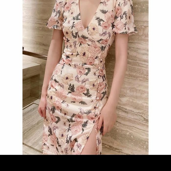 MERCY KOREAN STYLE FLORAL VINTAGE MIDI DRESS SEXY BUTTON VNECK