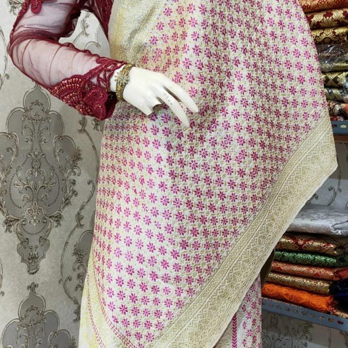 Songket Bunga Intan Antik Palembang Krem Pink 161021