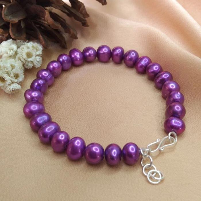 Set gelang mutiara air tawar dan cincin perak asli (mutiara warna ungu
