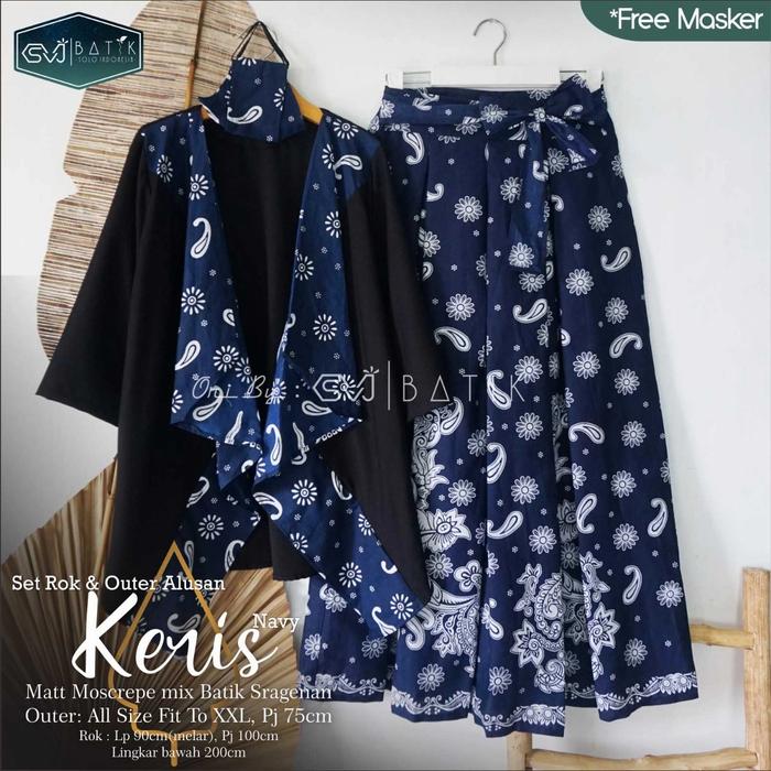 Setelan Rok Outer Batik Alusan Keris Navy Free Masker Realpict Ori