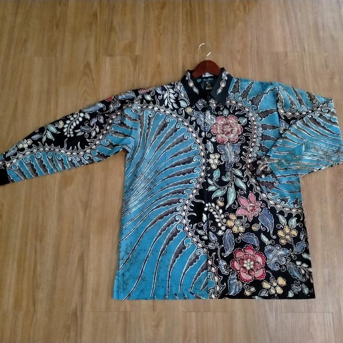 Kemeja Pria Batik Tulis Lengan Panjang Motif Sekar Lurik Biru