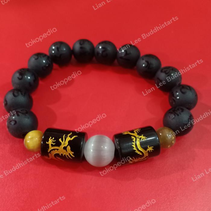 gelang premium glass frost stone aksara Tibet mantra obsidian dragon