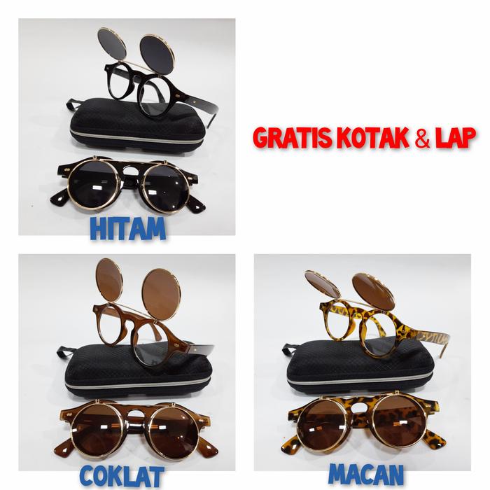 Kacamata 2 in 1 steampunk bulat boboho hitam bening clip flip up on