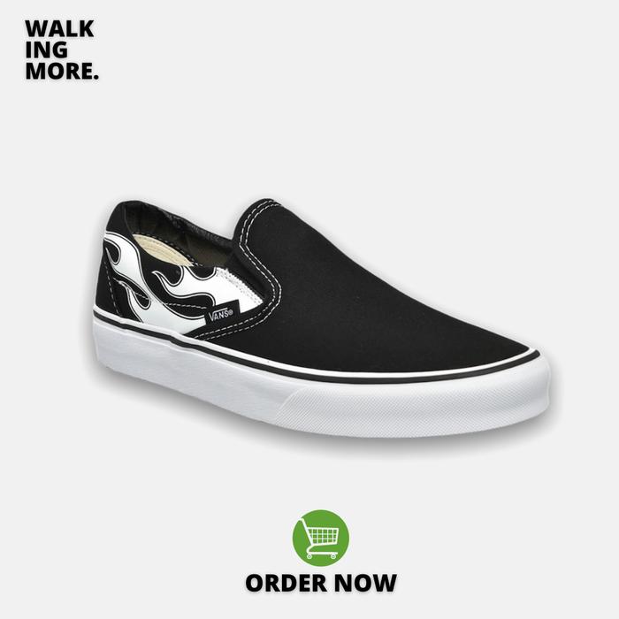 BEST DEAL VANS SLIP ON FLAME BLACK WHITE ORIGINAL RESMI STORE