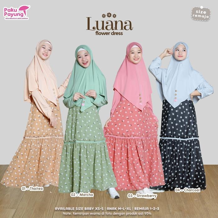 Paku Payung Gamis Jersey Anak Perempuan Luana Series 1 Set Dgn Hijab Bahan Jersey Mix Ceruty Motif B