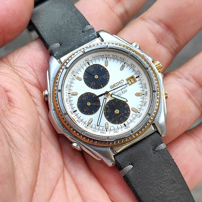 Jam SEIKO Panda Green strap Chronograph Alarm Quartz ORIGINAL