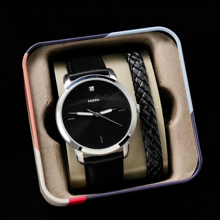 Jam Tangan Pria Merek Fossil FS Leather Fullset Gelang Original 45mm