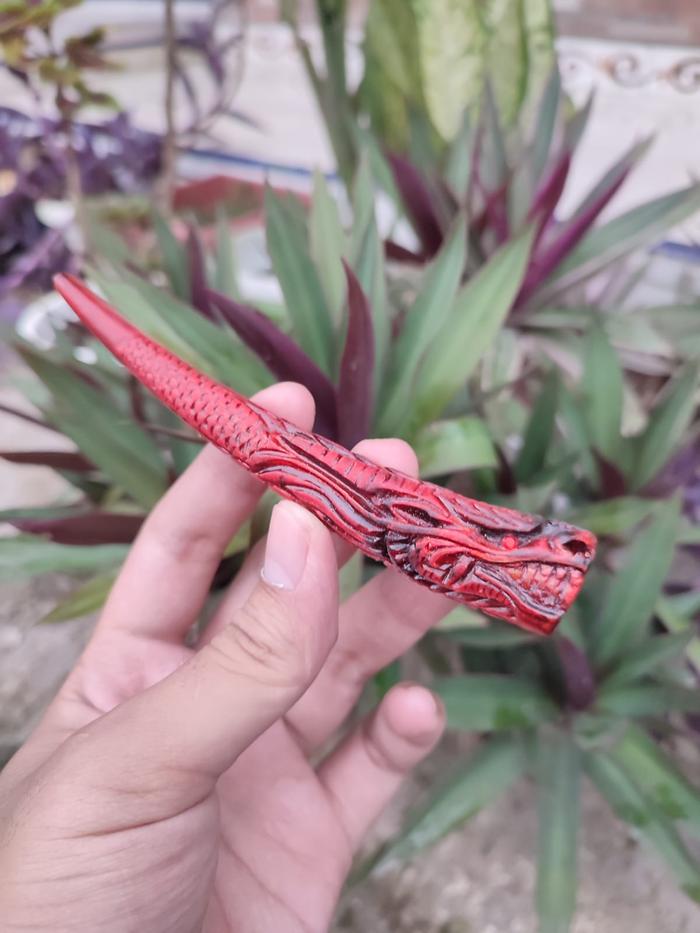 Pipa once akar bahar padudan ukir naga merah panjang 12 cm