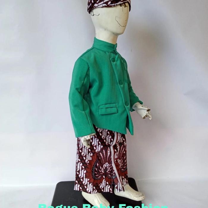 Beskap Solo Anak Set Jarik Blangkon Warna Hijau Tosca