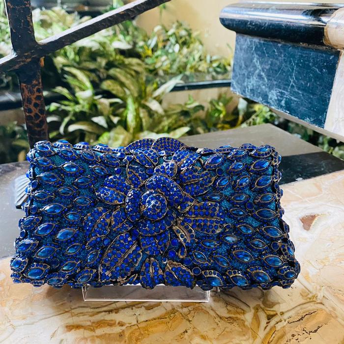 Tas Pesta / Rossini Clutch Swarovski Blue / Biru 34 Mewah Cantik