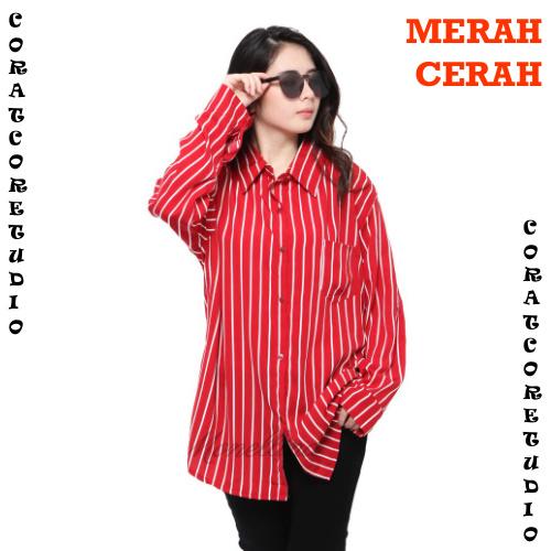 Hem Cewek Kemeja Jumbo Big Size Panjang Polos Garis Saku MERAH CABE