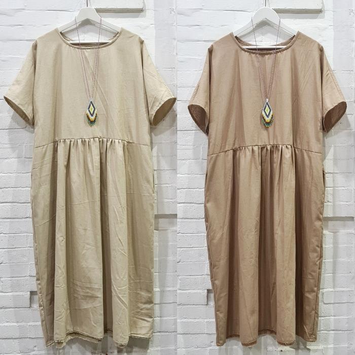 ALLSIZED BABY DOLL LINEN BERSAKU LENGAN 3/4 Casual Wanita Dress Basic Katun terusan babydoll Panjang