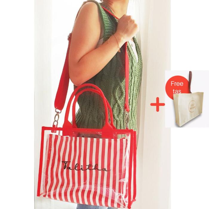 Tas PVC Transparan / Tas Custom Nama / Tas Mika Plus Pouch - Bordir