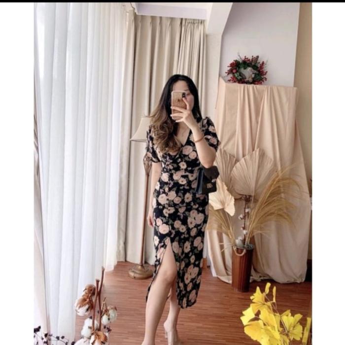 MERCY KOREAN STYLE FLORAL VINTAGE MIDI DRESS SEXY BUTTON VNECK