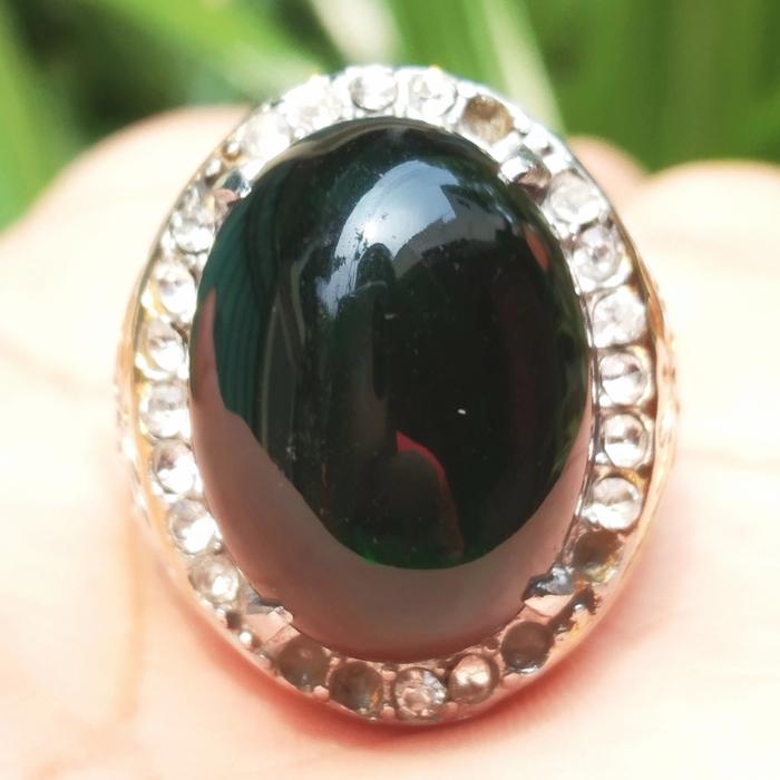 Cincin Titanium Batu Akik Kecubung Daun Hitam Tembus Hijau