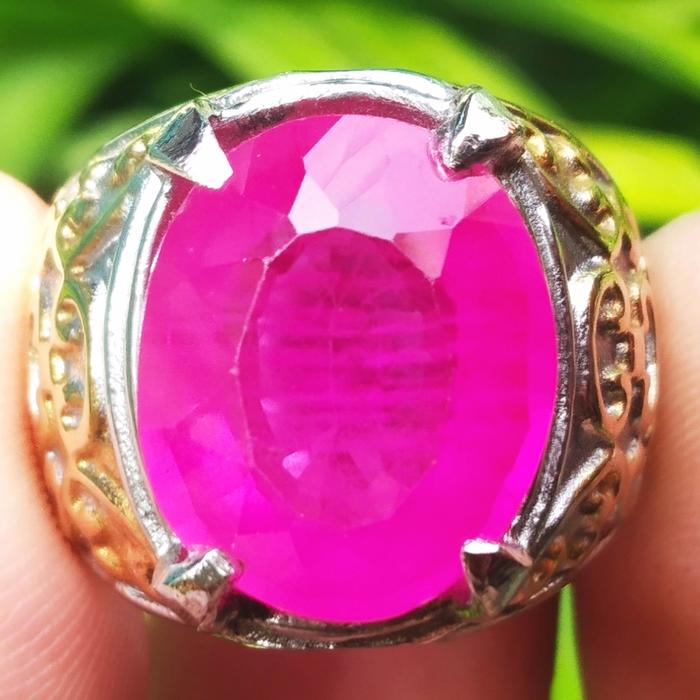 Cincin Titanium Batu Akik Permata Merah Rose Pink Cutting Oval