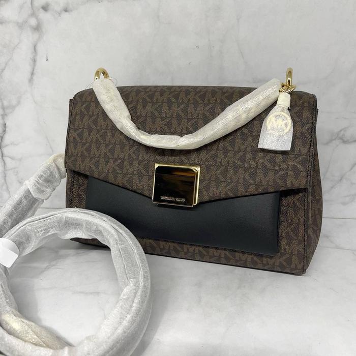 TAS MK LITA MEDIUM CROSSBODY SIGN BROWN BLACK TAS WANITA