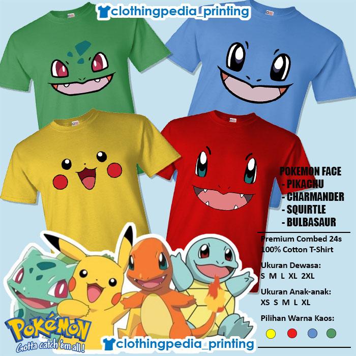 Kaos Baju Pokemon Pikachu Bulbasaur Charmander Squirtle Face T-Shirt