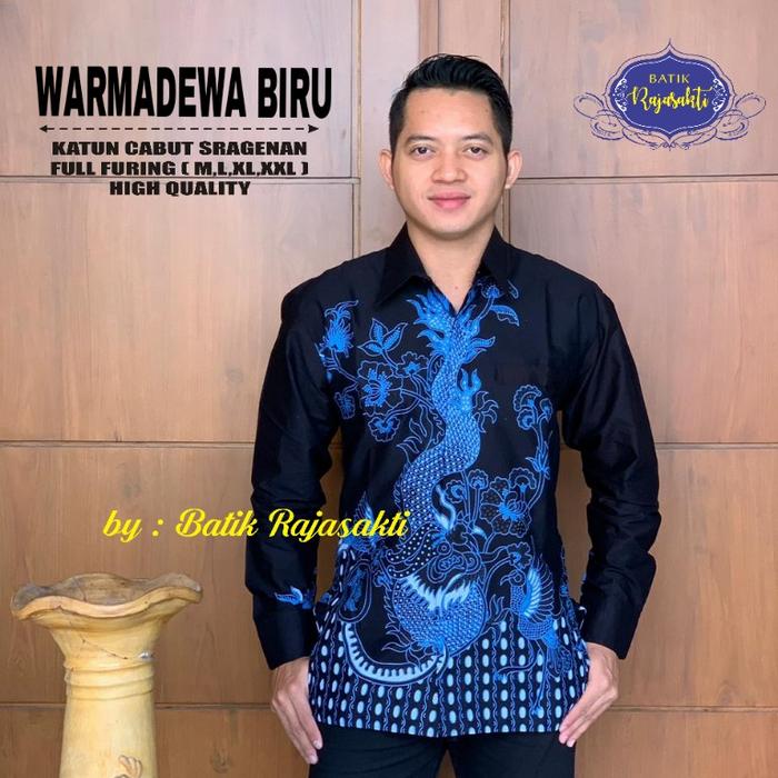 Kemeja batik pria lengan panjang motif naga biru