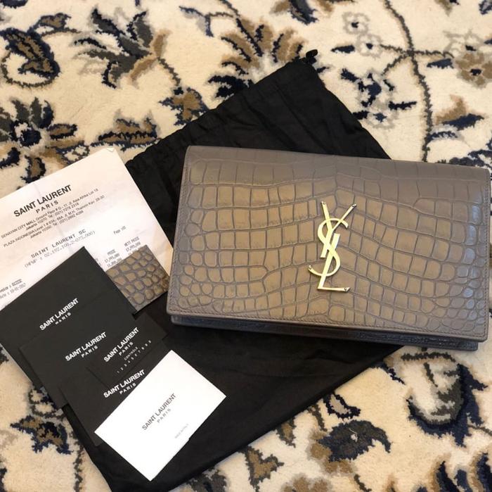 SOLD!! Preloved ysl croc clutch grey original authentic FULLSET