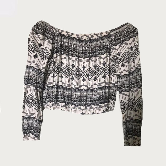 H&M COACHELLA SABRINA PATTERN CUT OFF SHOULDER CROP TOP HNM