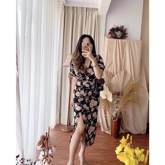 MERCY KOREAN STYLE FLORAL VINTAGE MIDI DRESS SEXY BUTTON VNECK