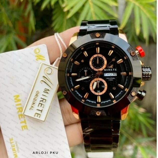 JAM TANGAN PRIA RANTAI STAINLISS ORIGINAL MIRETE TAHAN AIR BLACK GOLD