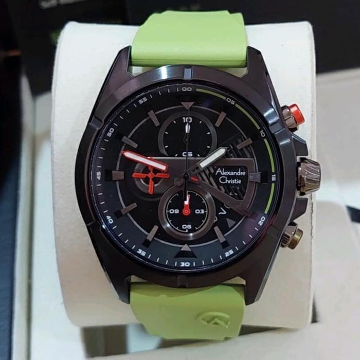 Jam Tangan Alexandre Christie Pria Original AC6592 Black Green Lime