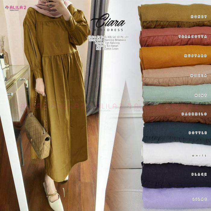 midi dress wanita ciara mat katun linen  polos terbaru ori alila