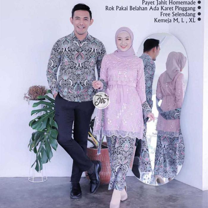 Couple Set Khaira Kebaya Muslim Tunik Lamaran Tunangan Blus Tulle Mutiara Furing Velvet Rok Batik Ka