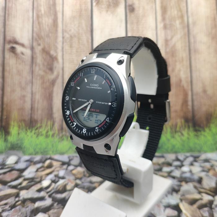 Jam Tangan Pria Casio Analog Digital Tali Kanvas AW-80 Custom Original