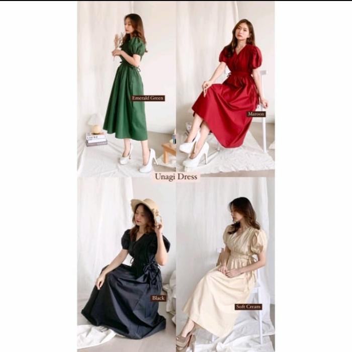 UNAGI KOREAN STYLE VINTAGE MIDI DRESS TALI POLOS NATAL