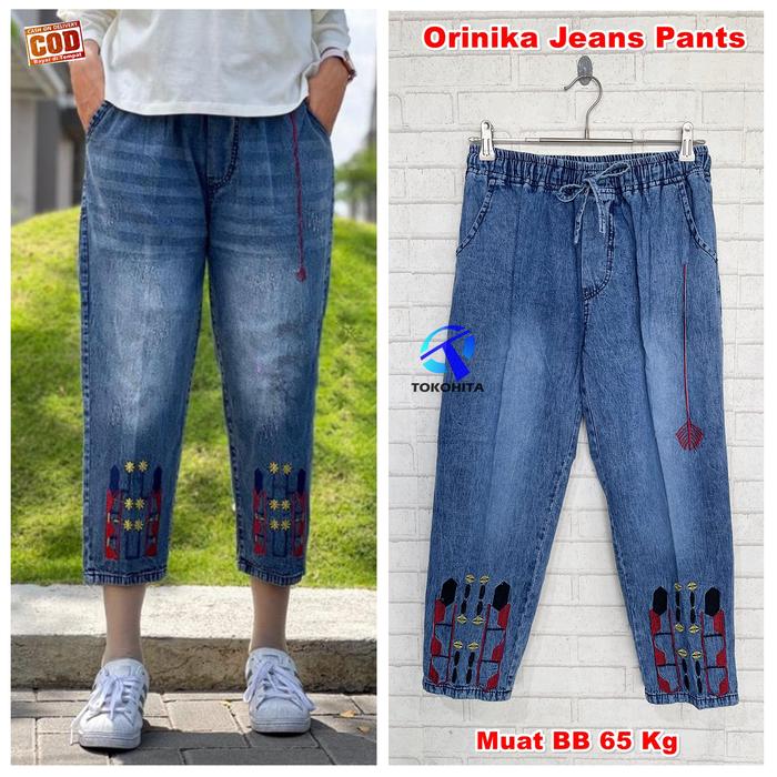 Orinika Jeans Pants Celana Boyfriend Jeans Bordir Muat BB 65 Kg