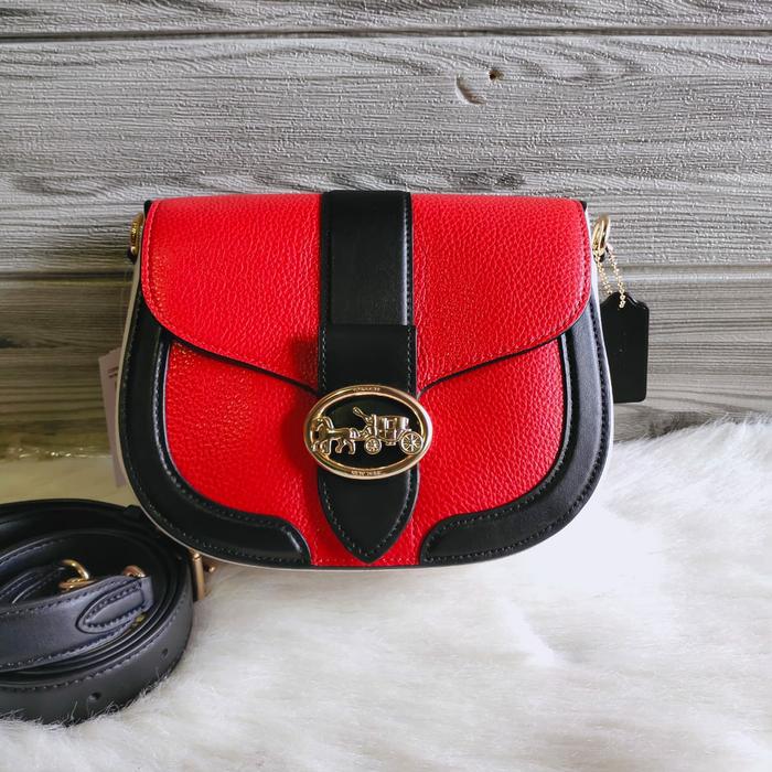tas Coach C3596 Colorblock Pebble Leather Georgie Saddle Poppy