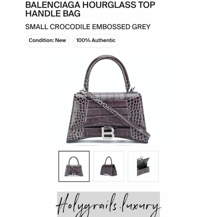 Balenciaga Hourglass Top Handle Bag Small Crocodile Embossed Grey