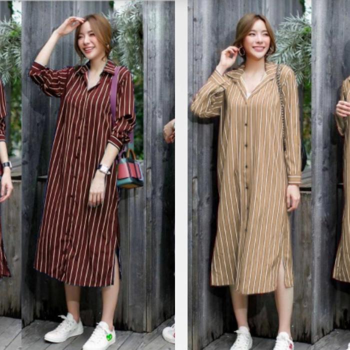 GAMIS DRESS SALUR GARIS XL BELAH BAWAH MAROON/ COKLAT MUDA ALICE SERRA