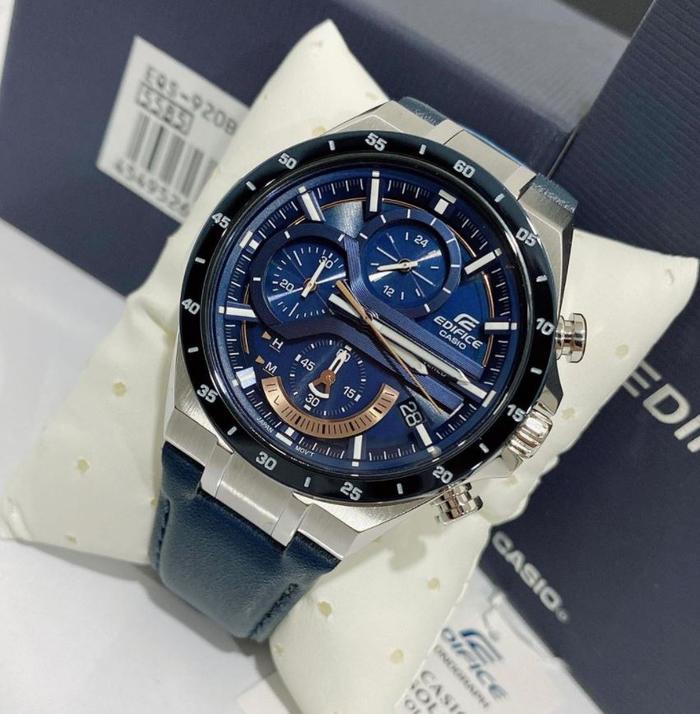 Casio Jam Tangan Pria Edifice EQS-920BL Leather Blue Fullset Premium Stainless Steel Chronograph