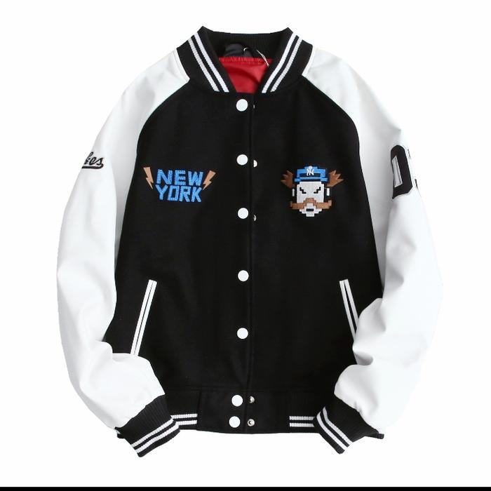Varsity Jacket MLBNY Unisex Bomber lengan Kulit [ Moustache Icon ]