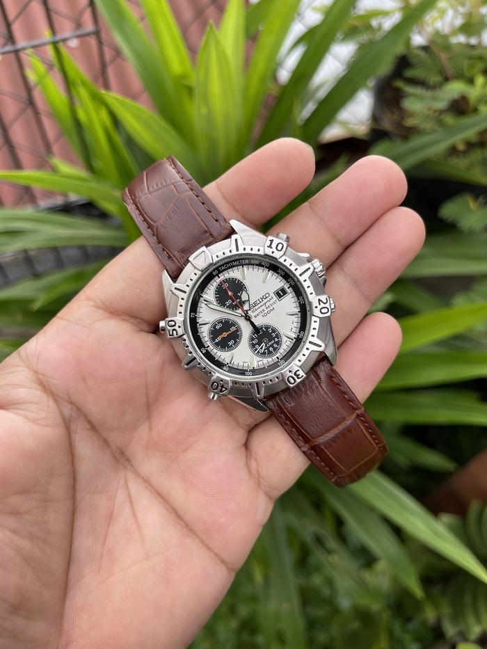 Jam Tangan Pria Seiko 7T32 6M20 Chronograph Alarm Panda Japan Original
