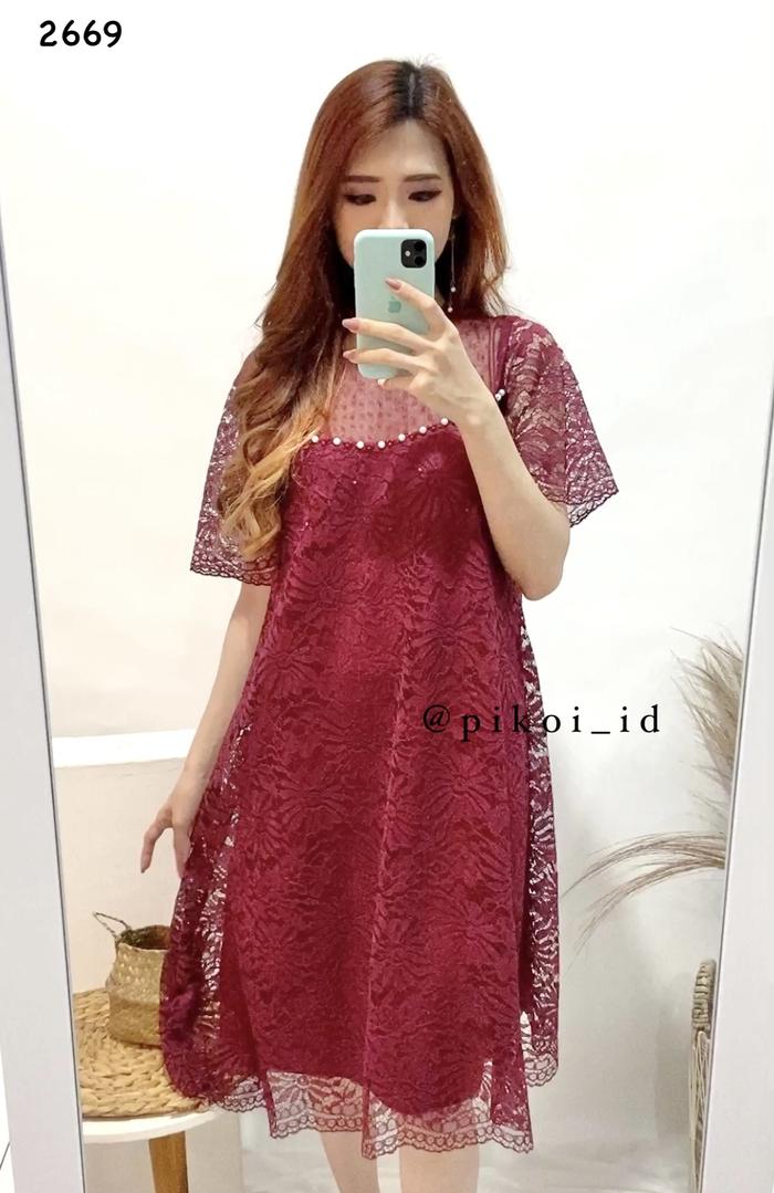 Dress Brokat wanita modern / gaun pesta Brukat imlek merah natal mewah