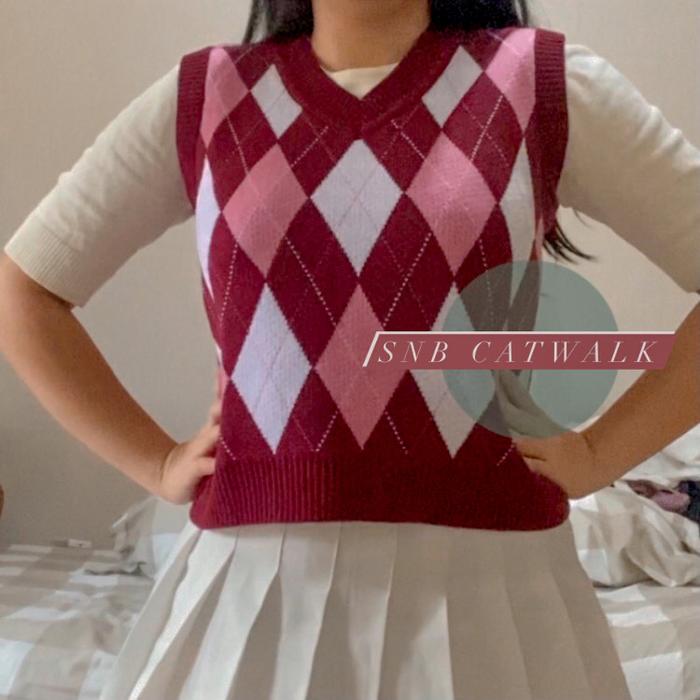 Outerwear Wanita Diamond Vest Casual V Neck Thrift Style Knit Top