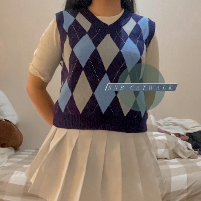 Outerwear Wanita Vest V Neck Knit Blue Thrift Style Vintage Look Top