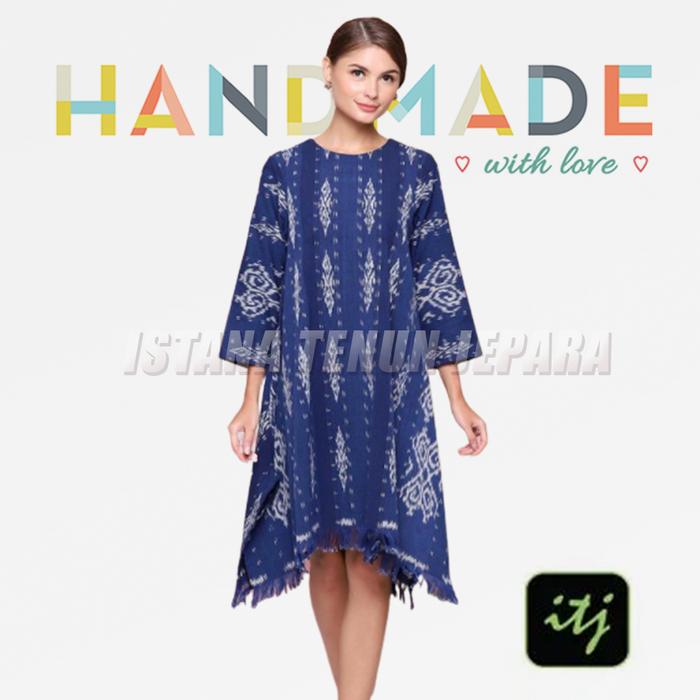 Midi Dress Batik Wanita Biru Songket Motif Sabu NTT Tenun Premium