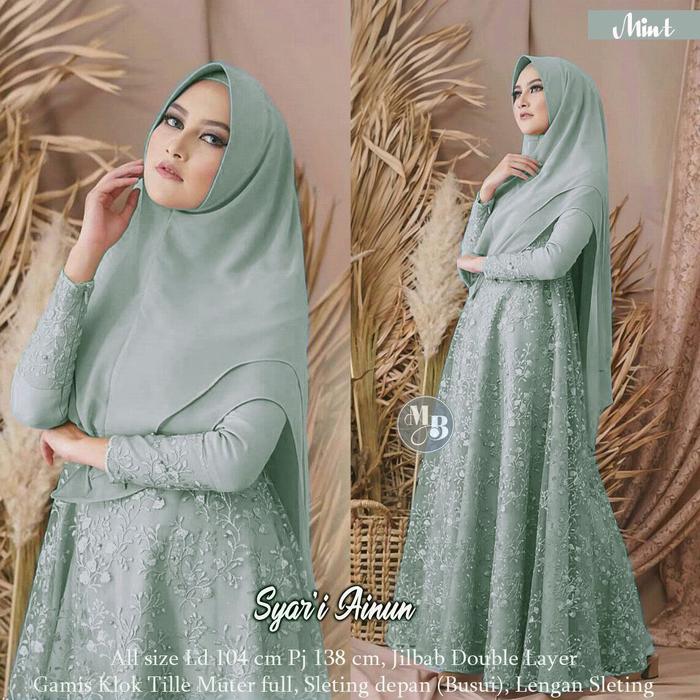 gamis syar'i ainun free hijab gamis brokat tille hijau mint