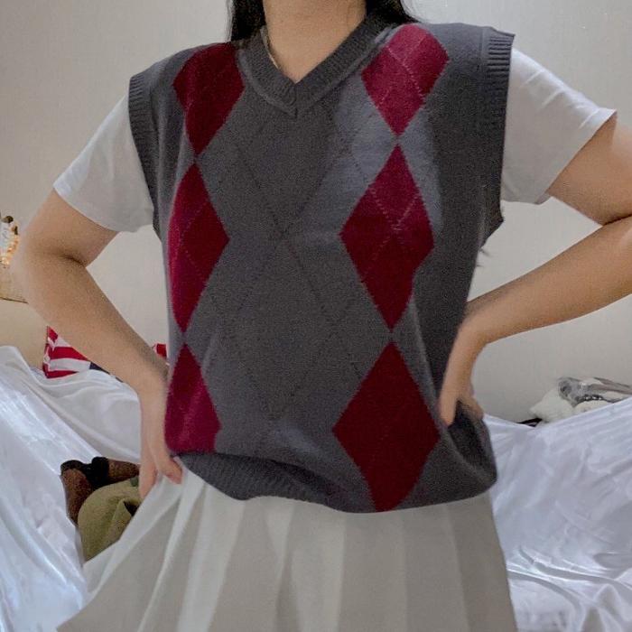 Outerwear Wanita Knit Vest Thrift Style Vintage Look Rajut Top