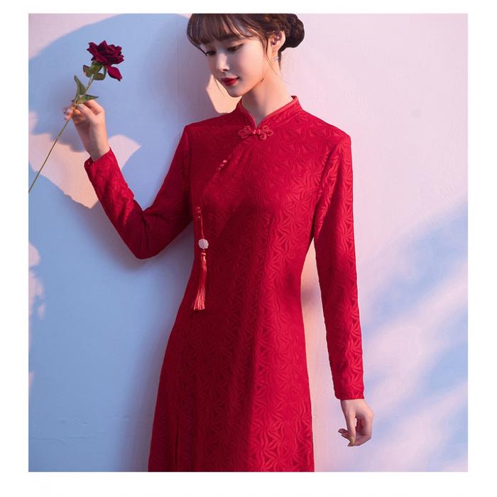 dress cheongsam wanita merah model cantik bahan brukat korea 2021