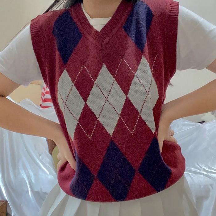 Outerwear Wanita Knit Vest V Neck Diamonds Thrift Style Vintage Top