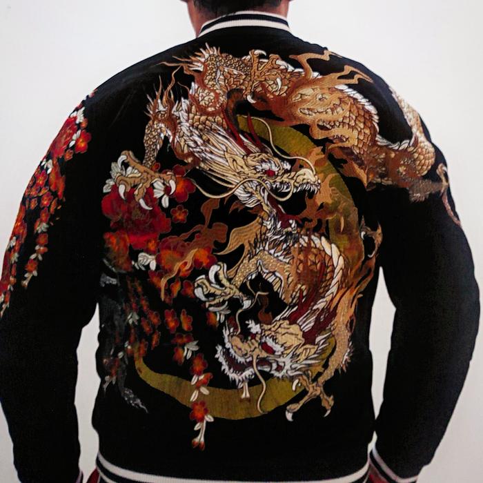 Sukajan Black Velvet Duo Dragon Moon Crescent Cherry Blossom