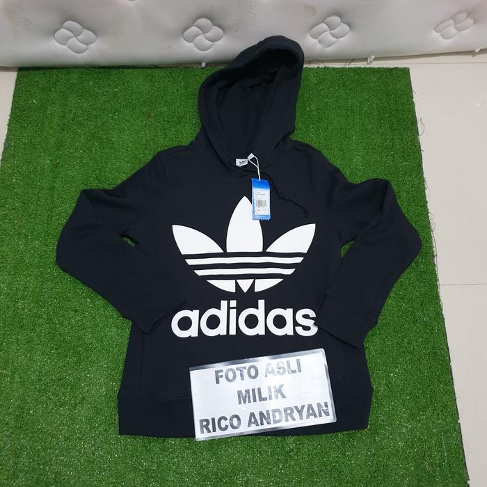 Adidas original trefoil hoodie hitam putih women bnwt